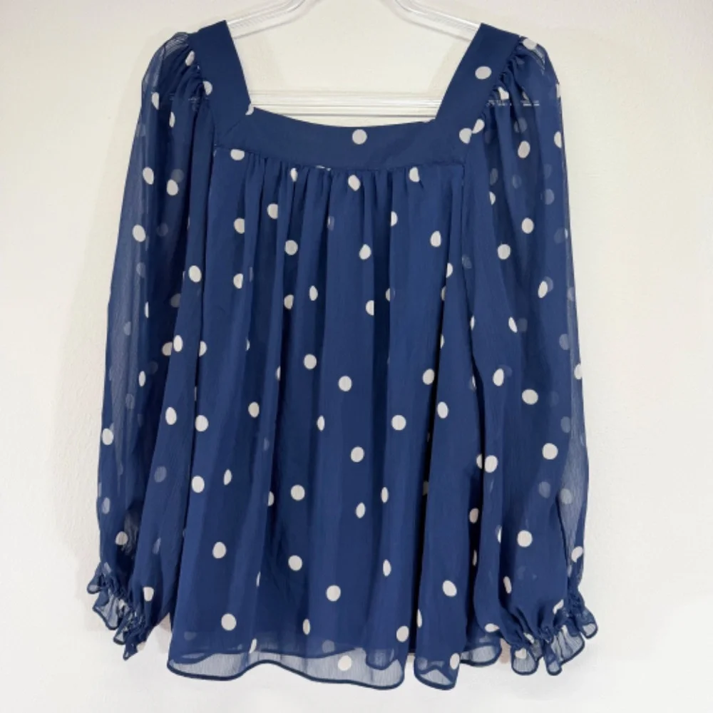 Lauren Conrad Sheer Overlay Long Sleeve White Polka Dot Navy‎ Blue Blouse XXL - Picture 3 of 7